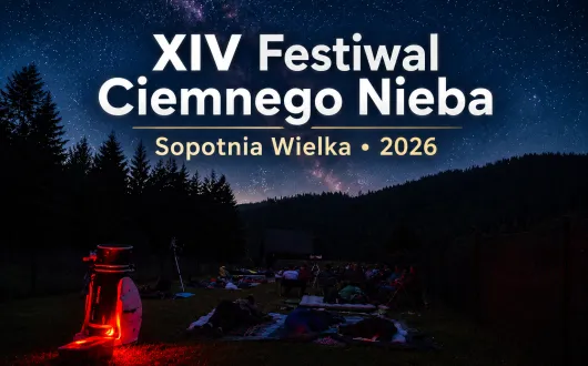 Grafika promująca XIV Festiwal Ciemnego Nieba w Sopotni Wielkiej (2026) przedstawiająca uczestników podczas nocnych obserwacji nieba pod rozgwieżdżonym niebem