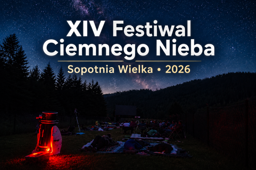 Grafika promująca XIV Festiwal Ciemnego Nieba w Sopotni Wielkiej (2026) przedstawiająca uczestników podczas nocnych obserwacji nieba pod rozgwieżdżonym niebem